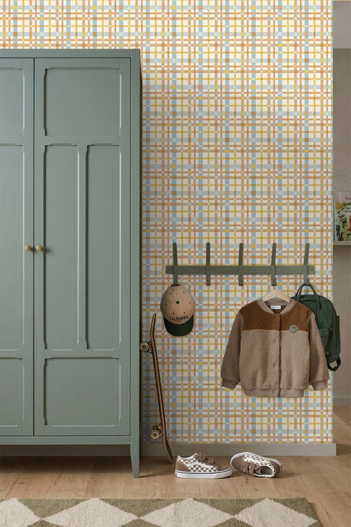 ESTAhome behang ruitjes blauw, geel en bruin - 50 x 900 cm - 132048
