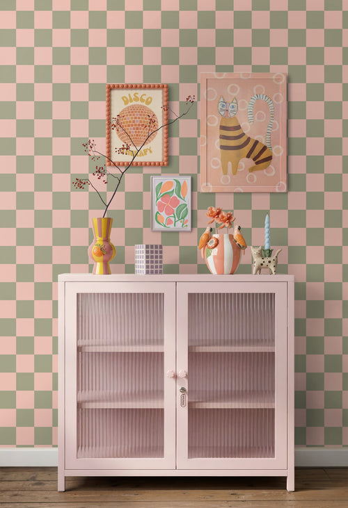 ESTAhome behang geblokt motief groen en roze - 50 x 900 cm - 131999