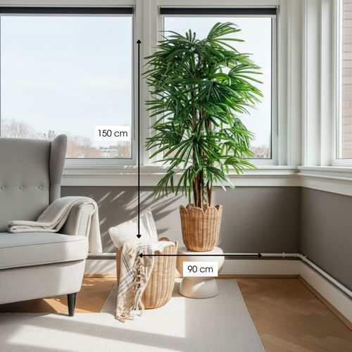 Mica Decorations Rhapispalm – Kunstplant in Pot – Realistische Nepplant Woondecoratie – Kunstplanten voor Binnen en Buiten – H150 x Ø60 cm – Groen