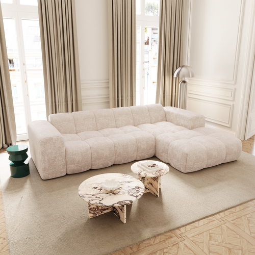 Premium Interiors - Rechthoekige hoekbank BLOOM - gewaafd fluweel crème 290cm