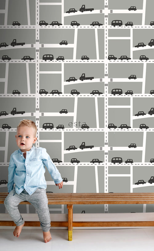 ESTAhome behang auto's grijs, zwart en wit - 53 cm x 10.05 m - 139282