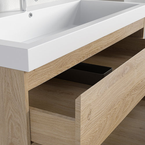 LOMAZOO badmeubelset Avalon - met hoge kast & witte wastafel - licht eiken - 100 cm