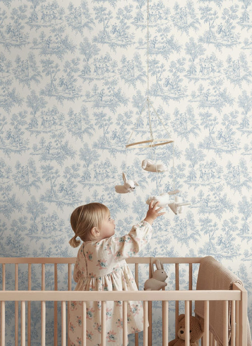 ESTAhome behang toile de jouy print lichtblauw - 50 x 900 cm - 132095