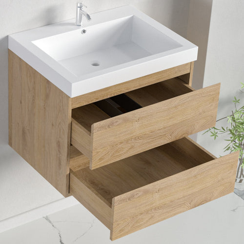 LOMAZOO badmeubelset Avalon - met hoge kast & witte wastafel - licht eiken - 60 cm