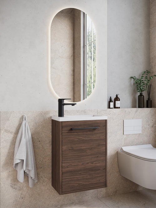 Badplaats Toiletmeubel Florence 40 x 22 cm – Walnoot Bruin – Fonteinmeubel met Witte Wastafel