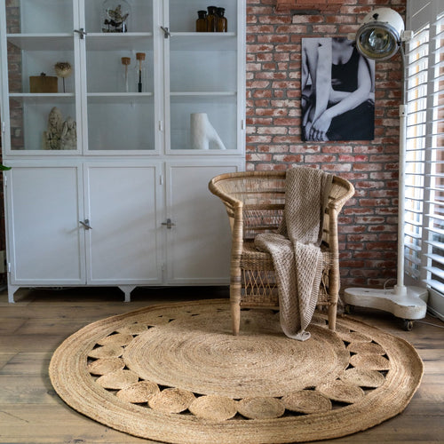 Mrcarpet Rond jute vloerkleed naturel met rand 120cm 120cm