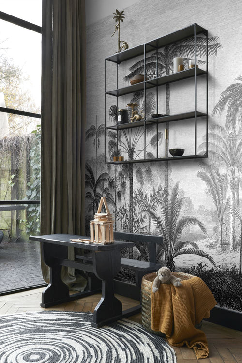 ESTAhome fotobehang tropisch landschap met palmbomen zwart wit - 350 x 279 cm - 158952 - vtwonen shop