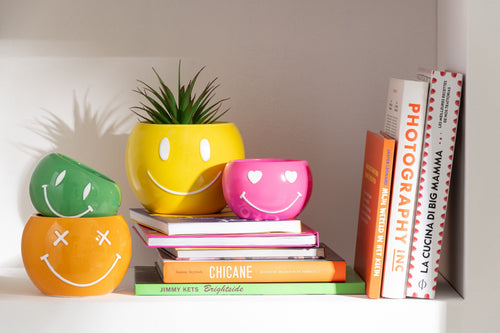 J-Line bloempot Smiley - porselein - mix - small - 4 stuks - Ø 11.5 cm