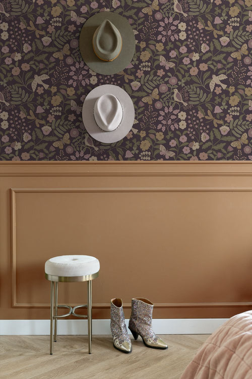 ESTAhome behang bloemen en vogels paars 53 cm x 10.05 m 139871