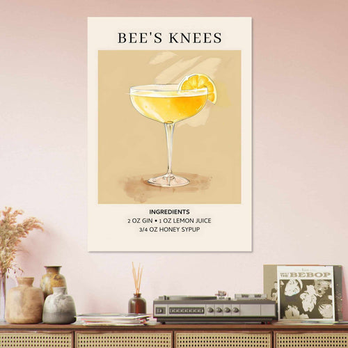 Artfulprints Poster Bee's Knees cocktail - Ingrediënten   - 70x100 cm - Geel