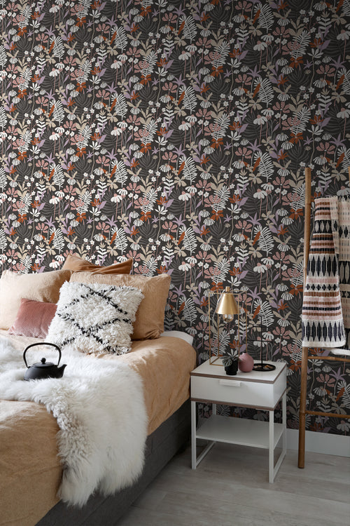 ESTAhome behang tropische bladeren en bloemen grijs en meerkleurig - 50 x 900 cm - 131001 - vtwonen shop