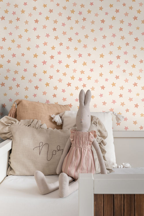 ESTAhome behang sterretjes wit, roze en oranje - 50 x 900 cm - 131708