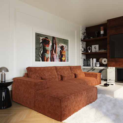 Premium Interiors - Linkshoekbank met snelle uitklapfunctie JUNE - gewaafd fluweel terracotta 320cm