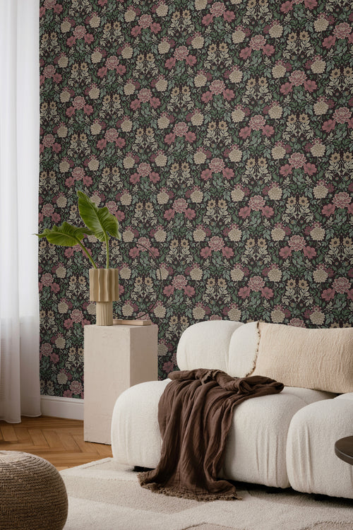 Borastapeter behang vintage bloemen in art nouveau stijl donkergroen en roze - 53 cm x 10.05 m - 660404 - vtwonen shop