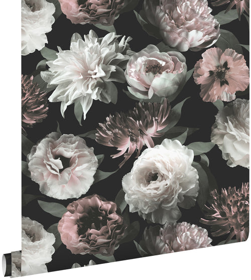 ESTAhome behang bloemen zwart, wit en zacht roze - 53 cm x 10.05 m - 139169