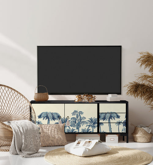Meubel TV 2 deuren 3 lades JAN gelakt MDF met vintage palmprint