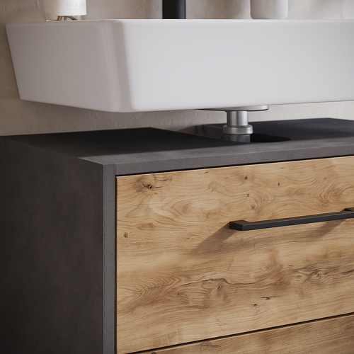 Badplaats Wastafelkast Florence 60 x 35 x 47 cm – Donker Grijs met Kastanje Eiken – Onderkast met Uitsparing