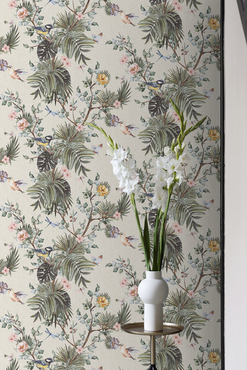 Sanders & Sanders behang tropische jungle bladeren en paradijsvogels vergrijsd groen - 53 cm x 10 m - 640002 - vtwonen shop