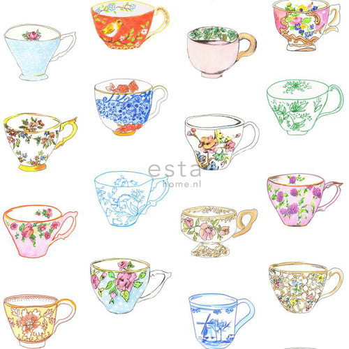 ESTAhome XXL behang painted teacups meerkleurig - 50 x 900 cm - 158110 - vtwonen shop