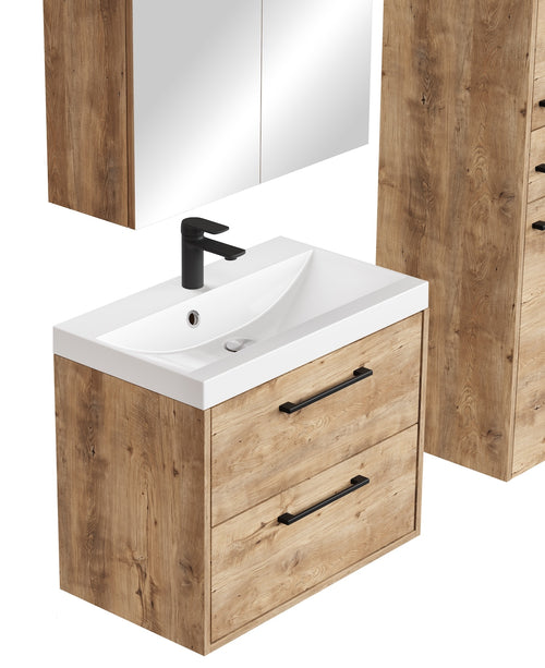 Badplaats Badkamermeubel Set Florence 60 cm – Kastanje Eiken – Hangend Badmeubel met Wastafel, Spiegelkast en Zijkast