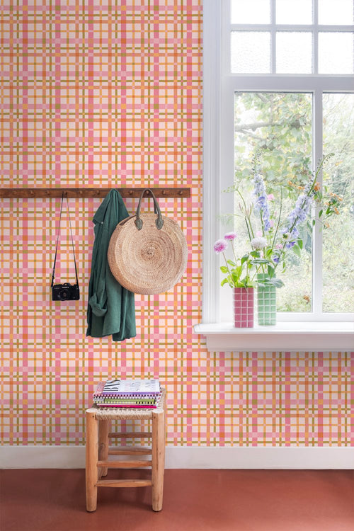ESTAhome behang ruitjes roze, groen en terracotta - 50 x 900 cm - 132052