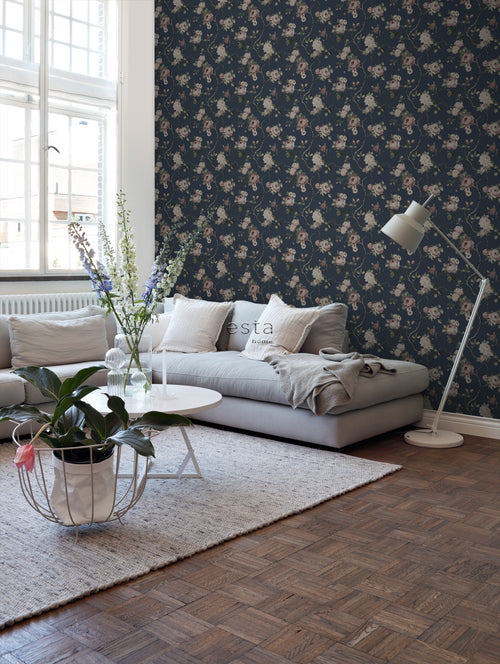 ESTAhome behang vintage bloemen donkerblauw en oudroze - 53 cm x 10.05 m - 139409