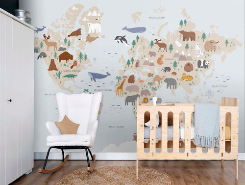 Sanders & Sanders fotobehang wereldkaart voor kinderen lichtblauw en beige - 350 x 279 cm - 950020