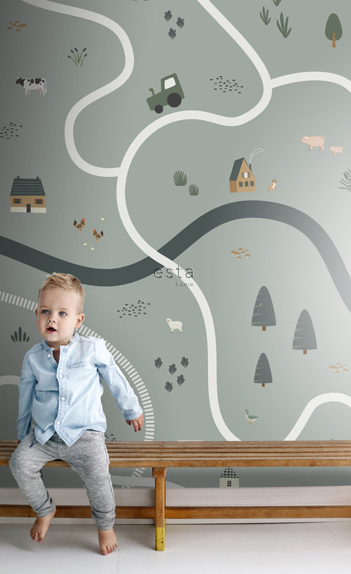 ESTAhome fotobehang tractoren en boerderijdieren vergrijsd groen - 200 x 279 cm - 159056 - vtwonen shop