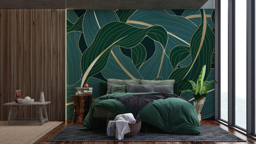 Sanders & Sanders fotobehang bladeren groen, petrolblauw en goud - 375 x 270 cm - 600995