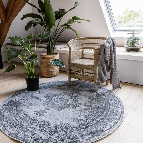 Vintage Vloerkleed Bloom rond - Grijs - EVA Interior - 235 x 235 cm - vtwonen shop
