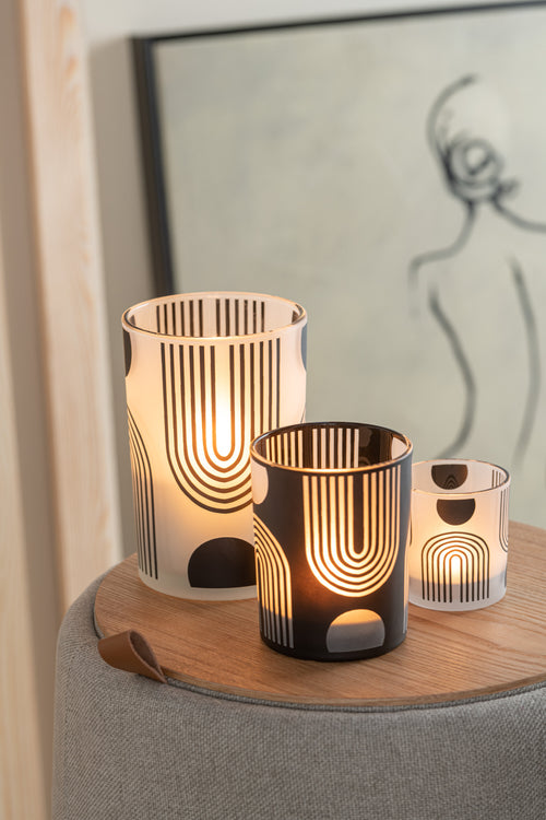 J-Line windlicht Nordic - glas - mat/zwart/wit - 2 stuks