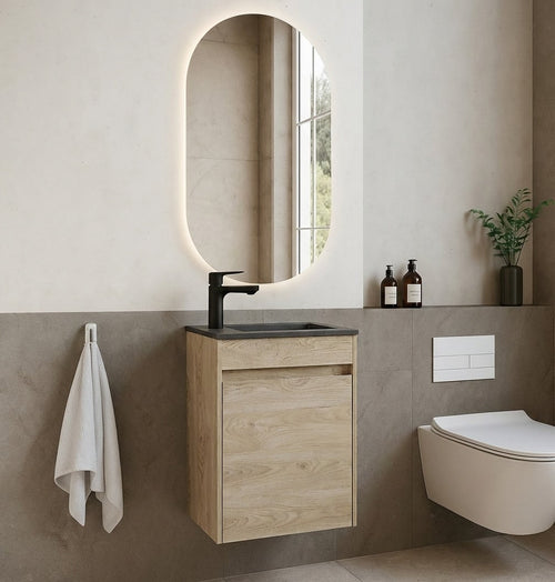 Badplaats Toiletmeubel Sinta 40 x 22 cm – Kastanje Eiken – Fonteinmeubel met Zwarte Wastafel