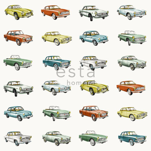 ESTAhome behang vintage auto's oranje, okergeel en groen - 53 cm x 10.05 m - 138732