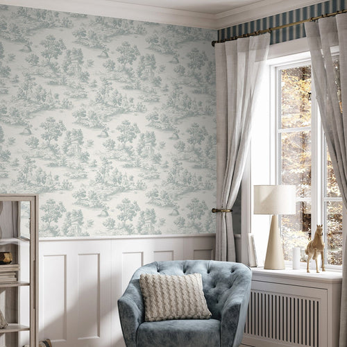 Sanders & Sanders behang toile de jouy print lichtblauw - 53 cm x 10 m - 641036