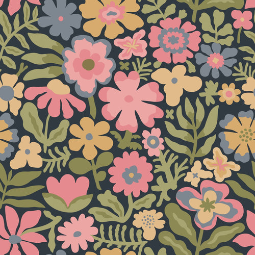 ESTAhome behang bloemetjes blauw, groen en roze - 50 x 900 cm - 132292
