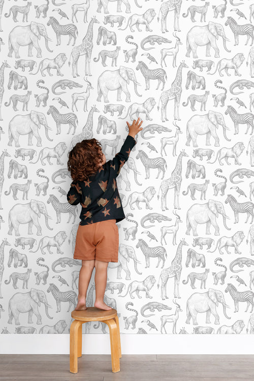 ESTAhome behang jungle dieren wit en grijs - 53 cm x 10.05 m - 139691