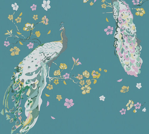 Livingwalls behang vogel turquoise, geel, roze, groen en wit - 53 cm x 10.05 m - AS-389062 - vtwonen shop