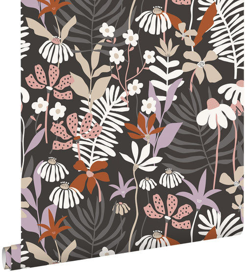 ESTAhome behang tropische bladeren en bloemen grijs en meerkleurig - 50 x 900 cm - 131001 - vtwonen shop