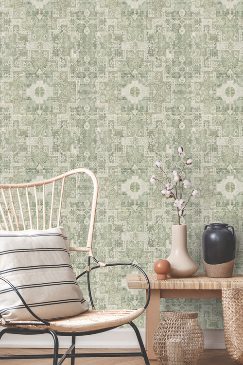 ESTAhome behang oosters kelim tapijt vergrijsd groen - 50 x 900 cm - 131358 - vtwonen shop