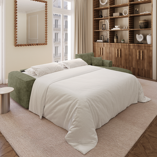 Premium Interiors - Rechthoekige hoekbank met snelle slaapfunctie COMO - corduroy olijfgroen 300cm