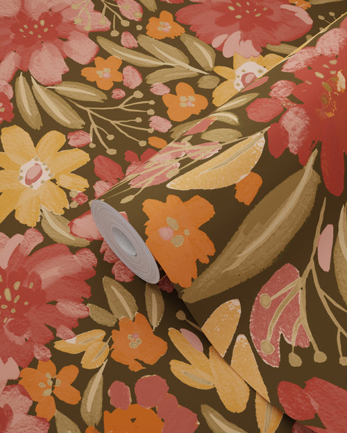 ESTAhome behang bloemen groen, rood en oranje - 50 x 900 cm - 132197