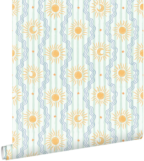 ESTAhome behang retro ornamenten mintgroen, blauw en geel - 50 x 900 cm - 132016