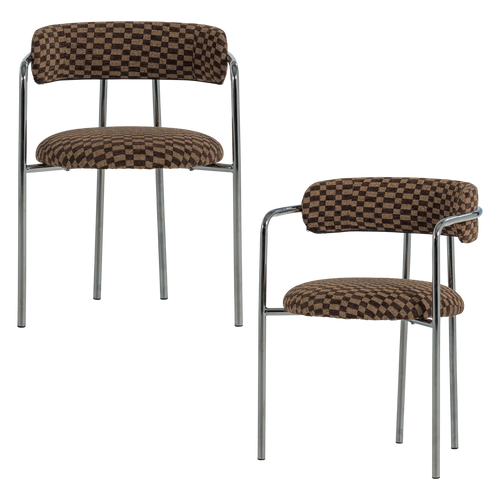 WOOOD eetkamerstoel Cuby - Chroom - Ruitstof Bruin - Set Van 2 - 80x68x55