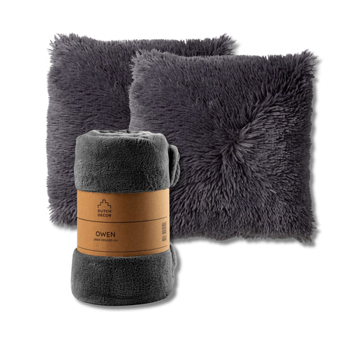 Dutch Decor - VOORDEELSET - 3-delig - Fluffy & Owen - 2 sierkussens 45x45 cm - 1 plaid 130x160 cm - antraciet - vtwonen shop