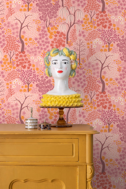 ESTAhome behang bomen en bloemen roze, paars en oranje - 50 x 900 cm - 131188 - vtwonen shop