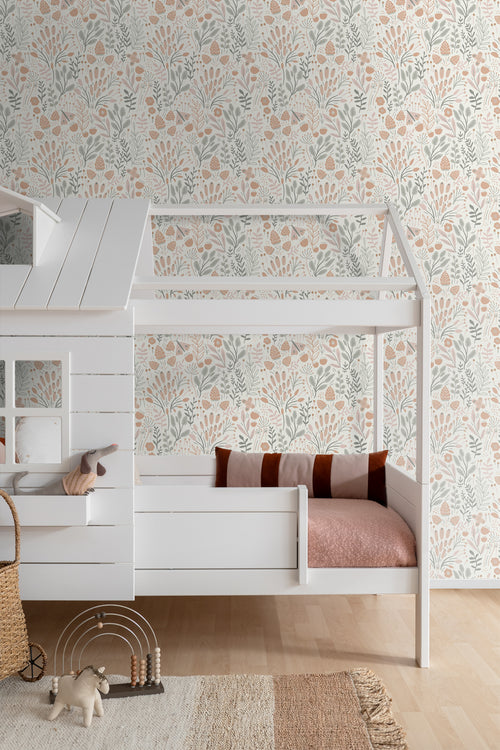 ESTAhome behang bladeren en bloemen lichtblauw en terracotta - 50 x 900 cm - 131387 - vtwonen shop