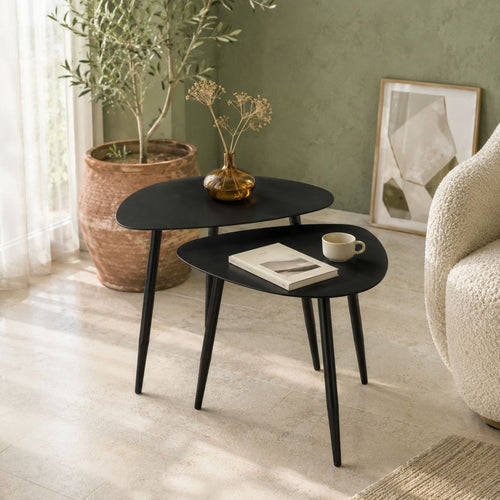 Mica Decorations Bijzettafel Set van 2 - Salontafel Zwart met Druppelvormig Blad - Ronde Tafel voor Binnen - Slim Stapelbaar Nachtkastje - L80 x B60 x