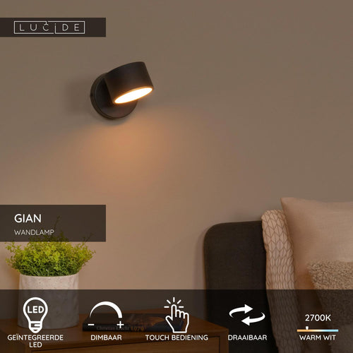 Lucide wandlamp GIAN - Geïntegreerde LED - Zwart