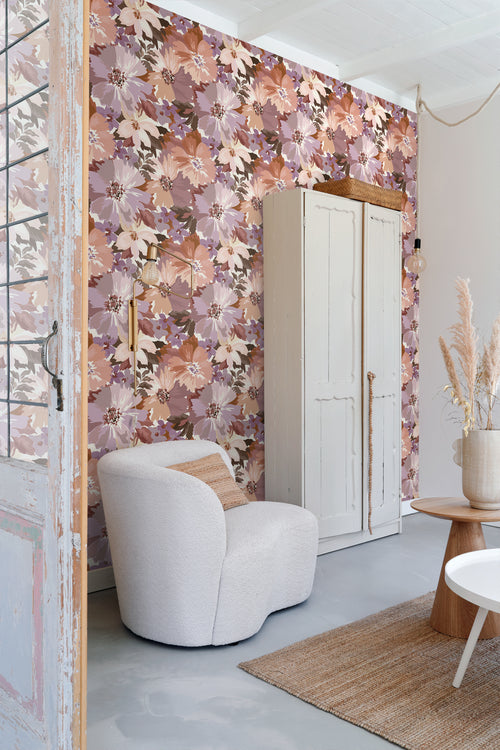 ESTAhome behang bloemen mauve paars en terracotta - 50 x 900 cm - 131266