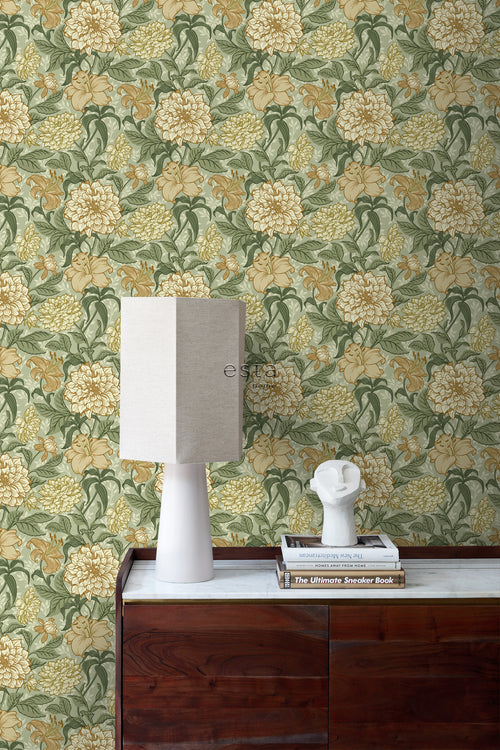 ESTAhome behang vintage bloemen groen en okergeel - 53 cm x 10.05 m - 139379
